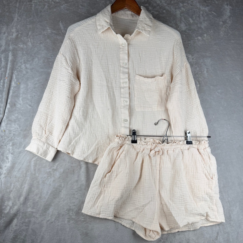 Women’s Cream Textured Button-Up Shirt & Shorts Set